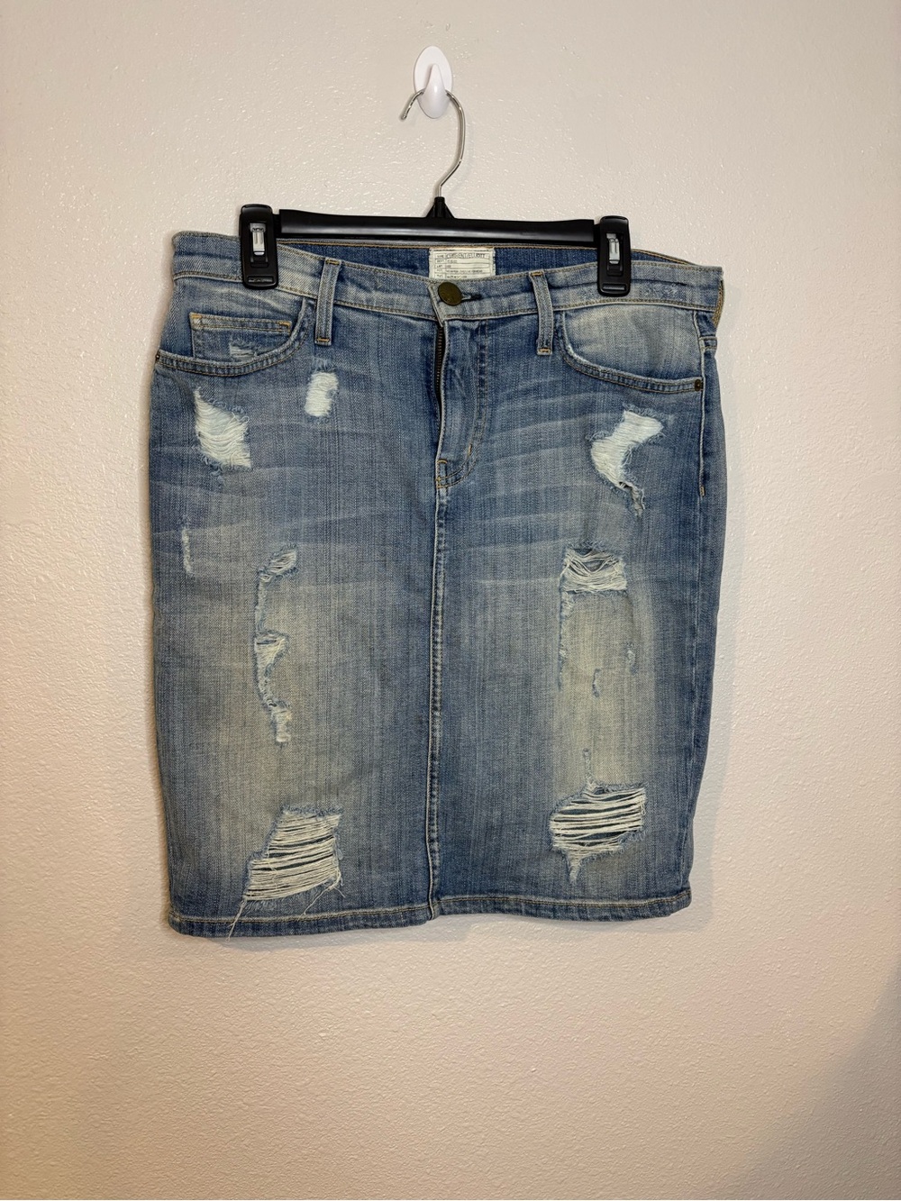 Current/Elliott Washed Light Blue Distressed Denim Pencil Skirt